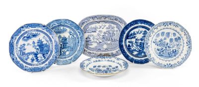SIX SWANSEA & OTHER ORIENTAL PATTERN POTTERY PLATES, patterns including two 'Longbridge', 'Willow'