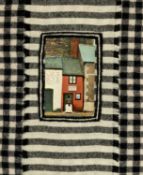 VINTAGE WELSH POSTCARD MOUNTED TO TRADITIONAL WELSH BLANKET the postcard showing 'the smallest house