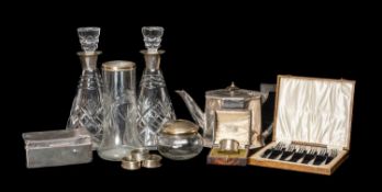 ASSORTED SILVER & EPNS, including pair silver mounted conical cut glass decanters & stoppers,