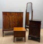 GROUP OF ANTIQUE FURNITURE comprising, 19th century ebony strung bowfront cabinet with two frieze