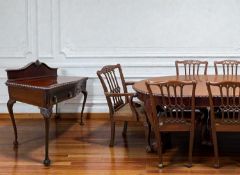 EDWARDIAN MAHOGANY DINING ROOM SUITE, comprising extending oval dining table, gadrooned border,