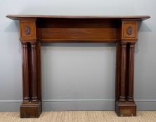 LARGE REGENCY STYLE MAHOGANY CHIMNEYPIECE, moulded edge mantel supported by twin fluted columns,