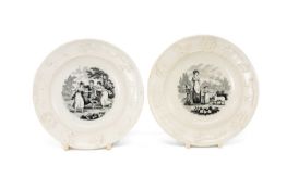 RARE PAIR OF GLAMORGAN POTTERY NURSERY PLATES, printed in black with 'Blind Man's Buff' and with a
