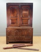 18TH C. WELSH JOINED OAK CLOTHES-HANGING PRESS CUPBOARD, later moulded cornice, fielded panel