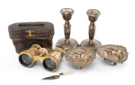 SILVER COLLECTABLES comprising pair of pierced bon bon dishes, pair of dwarf candlesticks, boxed