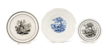 THREE SWANSEA NURSERY PLATES including black-printed pagoda plate, and two blue- and black-