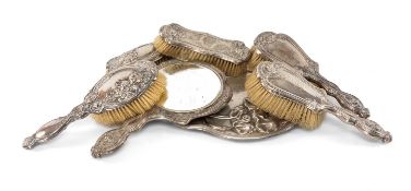 SILVER BACKED DRESSING TABLE ACCESSORIES comprising Edward VII 4-piece mongrammed brush and mirror