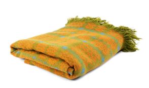 VINTAGE TRADITIONAL WELSH WOOLEN BLANKET with orange, blue and green geometric design, corresponding