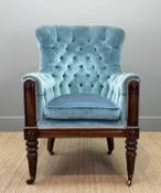 HANDSOME WILLIAM IV MAHOGANY LIBRARY BERGÈRE, pale blue buttoned Dralon upholstery, carved