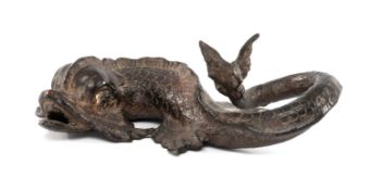 19TH CENTURY GRAND TOUR BRONZE DOLPHIN, cast with dorsal ridge, triform tail and scales, 17cms