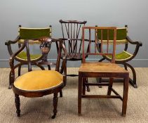 GROUP OF ANTIQUE CHAIRS comprising, pair of Dante style x-frame chairs, green Dralon upholstery,