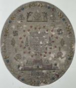 GEORGE III NEEDLEWORK SAMPLER, by Rachel Reeve, dated 1813, oval with floral border, featuring