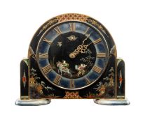 BLACK CHINOISERIE MANTEL TIMEPIECE British circa 1930s, circular Roman dial on bracket feet,