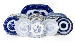 ASSORTED YNYSMEUDWY PLATES & MEAT PLATTERS, patterns including flow blue 'Rio' platter, 'Flower'