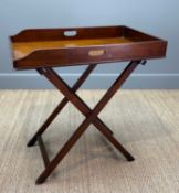 19TH CENTURY MAHOGANY BUTLERS TRAY ON STAND, rectangular form, kidney shaped handles, x-frame