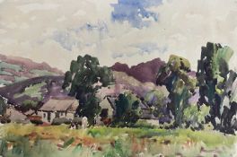 ‡ WILL EVANS (Welsh 1887-1957) watercolour - landscape with cattle and farmstead, 38 x 56cms
