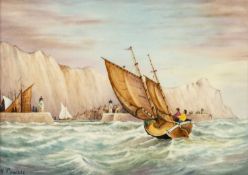 ROYAL WORCESTER PAINTED PLAQUE by Michael Powell, of a fishing boat sailing in choppy waters towards