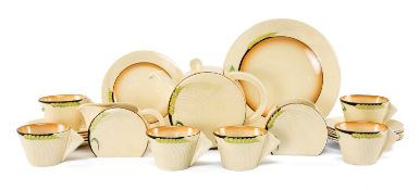 CLARICE CLIFF 'WHEAT EAR' PATTERN TEA SET, bonjour shape, comprising teapot, cream jug, sugar