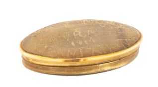 GEORGE V WELSH HORN TOBACCO BOX, oval, engraved 'Owen Hughes, Tanrallt, 1914, Llanfair, M.E', 8.3cms