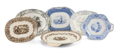 FOUR LLANELLY POTTERY MEAT PLATTERS, comprising 'Damask Border' blue printed platter, 'Asiatic