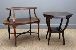 SHERATON REVIVAL MAHOGANY INLAID OVAL TABLE A THÉ, two-tier with inlaid spandrels and legs,78 (h)