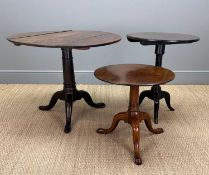 THREE ANTIQUE OCCASIONAL TABLES, comprising oak drop-leaf table, 69 (h) x 88cms (dia.), dark
