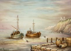 ROYAL WORCESTER PAINTED PLAQUE by Michael Powell, of fishing boats at anchor beside a jetty with