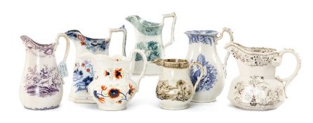 SEVEN LLANELLY POTTERY JUGS including patterns 'Fern', 'Nautilus', 'Bombay Japan', 'Amherst