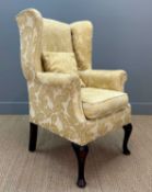 VICTORIAN MAHOGANY WINGBACK ARMCHAIR, lemon-yellow damask style upholstery, simple cabriole legs