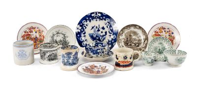 ASSORTED WELSH MUGS & TEAWARES, including Cambrian 'Amoy' green-printed toy teacup, saucer and bowl;