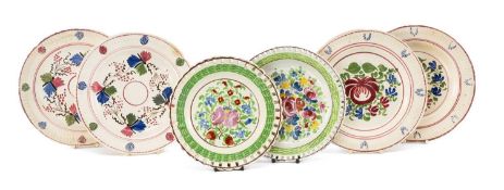 SIX SWANSEA POTTERY PLATES, comprising Glamorgan and Cambrian basket weave arcaded rim plates,