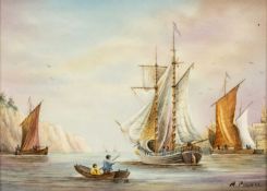 ROYAL WORCESTER PAINTED PLAQUE by Michael Powell, of fishing boats and smacks off white cliffs and