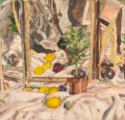 ‡ ROY POWELL (1935-2022) oil on canvas - still life with mirror, pot plants and lemons, signed