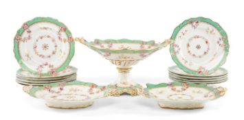 19TH CENTURY STAFFORDSHIRE BONE CHINA PART DESSERT SERVICE, green border with floral garlands and