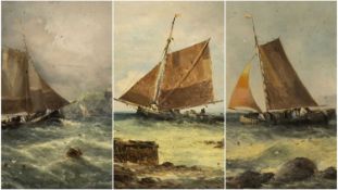 CIRCLE OF EDWIN HAYES (19th Century) oils on board - three paintings of fishing boats in choppy
