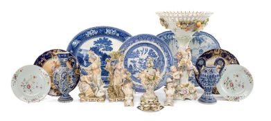 ASSORTED ANTIQUE CERAMICS, including Sitzendorf figural comport, various German porcelain figurines,