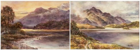 PAIR OF ROYAL WORCESTER PAINTED PLAQUES, by James Skerrett, of highland landscapes with lochs to the