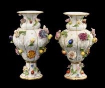 PAIR OF MEISSEN PORCELAIN BASKET WEAVE MOULDED VASES, encrusted with flowers and fruit, gilt