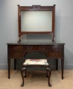 EARLY 20TH C. MAHOGANY DRESSING TABLE, MIRROR & STOOL, the Georgian style table with carved