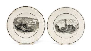 PAIR OF RARE SWANSEA GLAMORGAN POTTERY 'TITLED VIEWS' CHILDRENS' / NURSERY PLATES, printed in