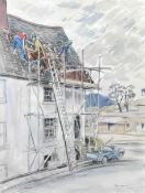 EDGAR HOLLOWAY watercolour and pencil - working roofers above scaffolding, entitled 'Keymer', signed