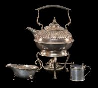 GEORGE V DRUM MUSTARD & SAUCEBOATS, mustard by Shapland & Co., London 1929, the sauceboat by