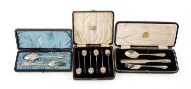 THREE CASED SETS OF FLATWARE comprising silver-plated floral engraved spoon & fork Christening