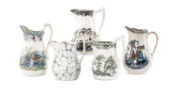 FIVE SWANSEA CAMBRIAN POTTERY JUGS, including 'Cuba', 'Lazuli', 'Whampoa', 'Birds' etc., tallest