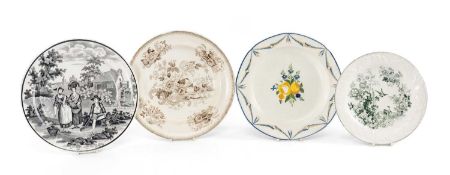 FOUR CAMBRIAN POTTERY PLATES, patterns comprising black-printed 'Ladies with Baskets', brown-printed