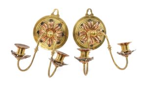 PAIR OF ARTS & CRAFTS STYLE CANDLE WALL SCONCES, brass and copper, 24h x 20w x 20cms d (2)
