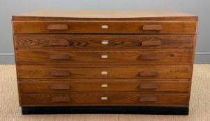 20TH C. OAK SIX DRAWER ARCHITECT / PLAN CHEST, shaped oak handles, ebonised plinth, 86 (h) x 145 (h)