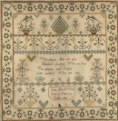 EARLY 19TH CENTURY NEEDLEWORK SAMPLER by Jane Hart, Age 10, dated 1829, decorated with plants and