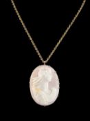 ITALIAN CARVED PINK CONCH SHELL CAMEO PENDANT, carved with a profile of a young lady, mounted in