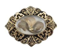 VICTORIAN YELLOW METAL & BLACK ENAMEL MOURNING BROOCH, relating to the Hardwick family, large shaped